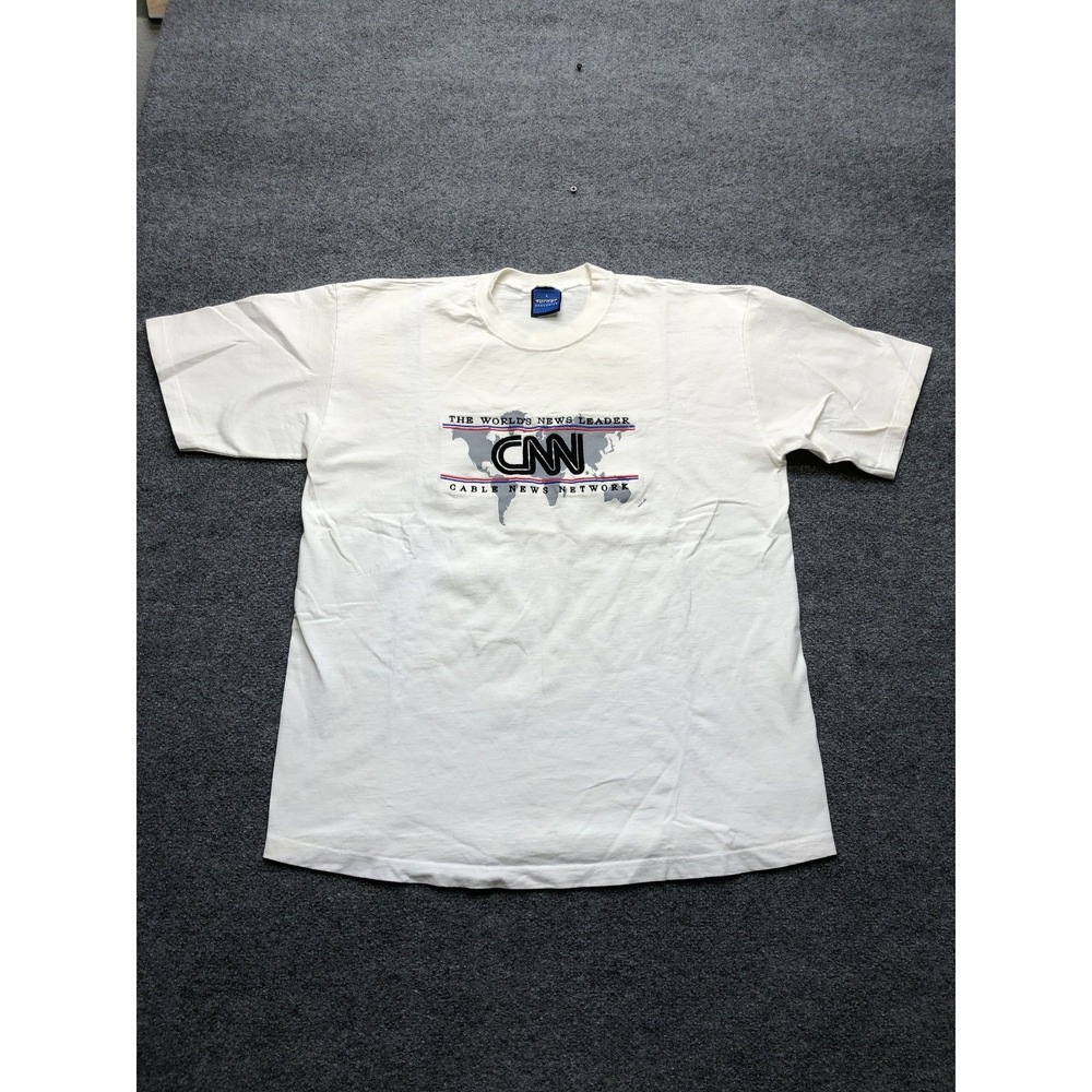 Vintage CNN Shirt Mens XL White Turner World Map News Graphic Tee Made USA 90s